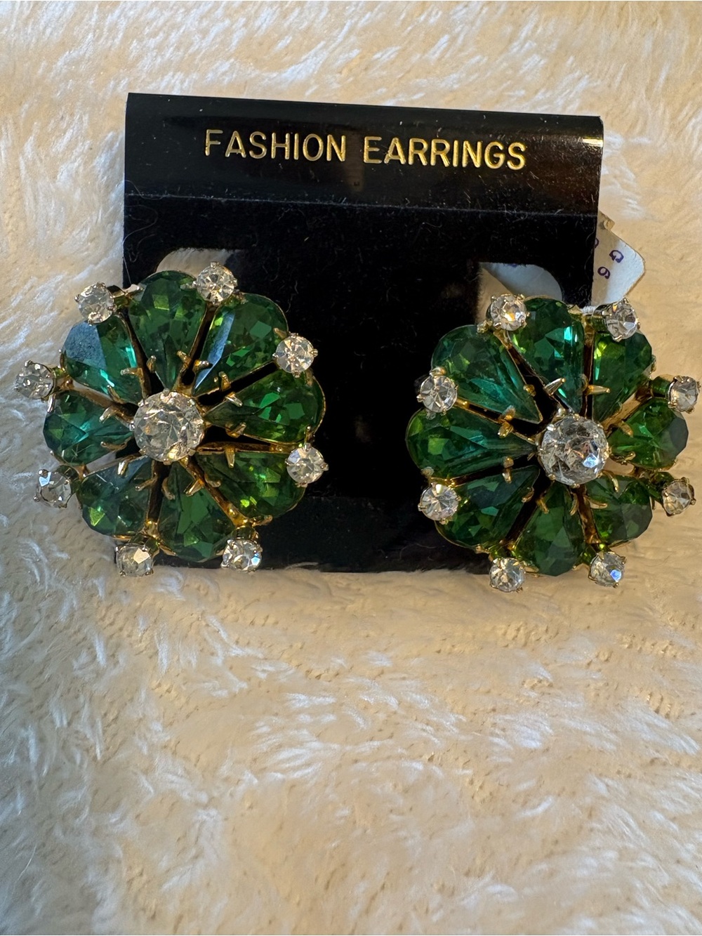 Vintage Green Crystal Floral Clip-On Earrings